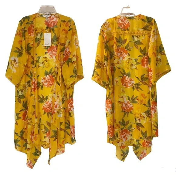 EMORY PARK Stitch Fix Landry Crochet Trim Open Kimono Yellow Floral Size Med New - Picture 2 of 8